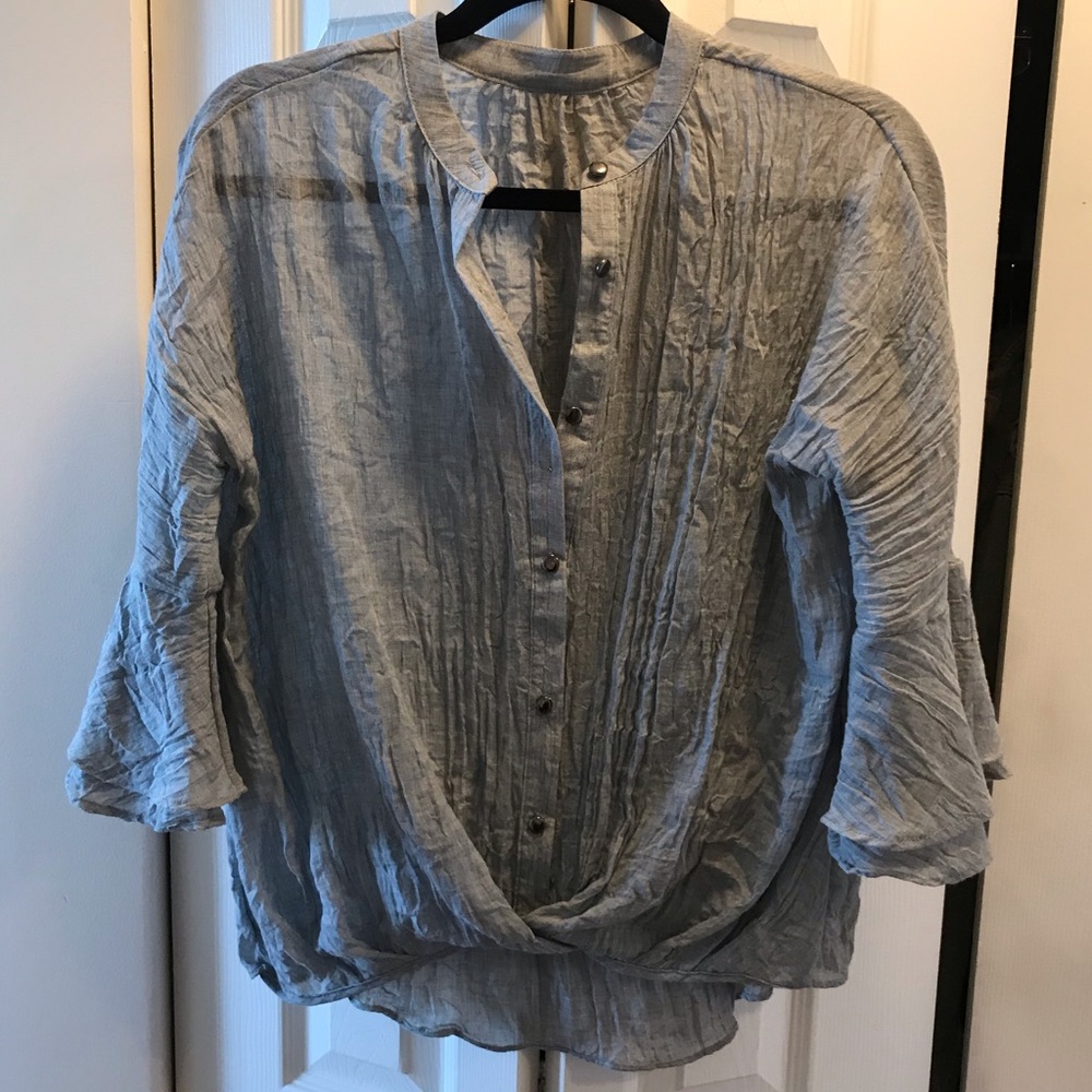 NWOT Wrap Front Blouse, Gray Textured Voile